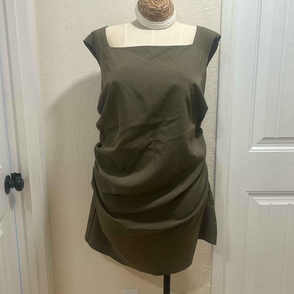 H&M Olive Draped Square-Neck Mini Dress